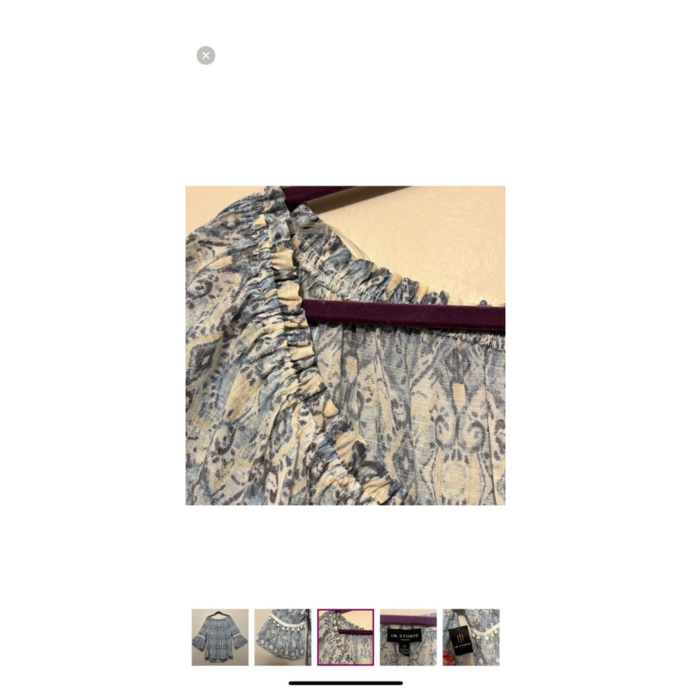I.N. Studio Boho Blouse Sz 1X Cottagecore Embroidered Pom Poms Flowy Bell Sleeve - Picture 4 of 9